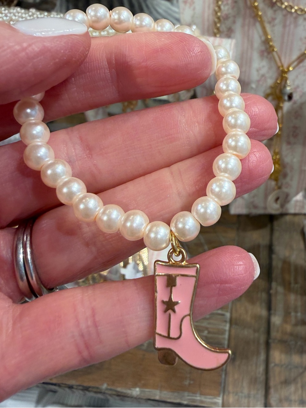 New LoveShackFancy Nashville Pink Cowboy Boot Pearl Bracelet